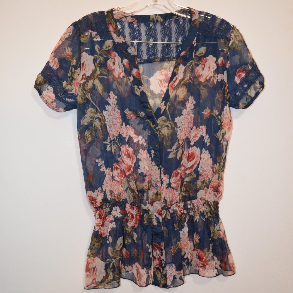 Blue Transparent Poly Beautiful Buttons Down Blouse Short Sleeves Lace Back XS